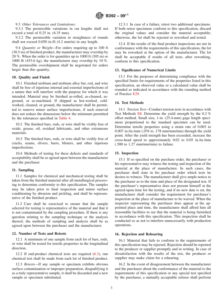 ASTM B392-09e1 - Standard Specification for Niobium and Niobium Alloy Bar, Rod, and Wire (Withdrawn 2018)