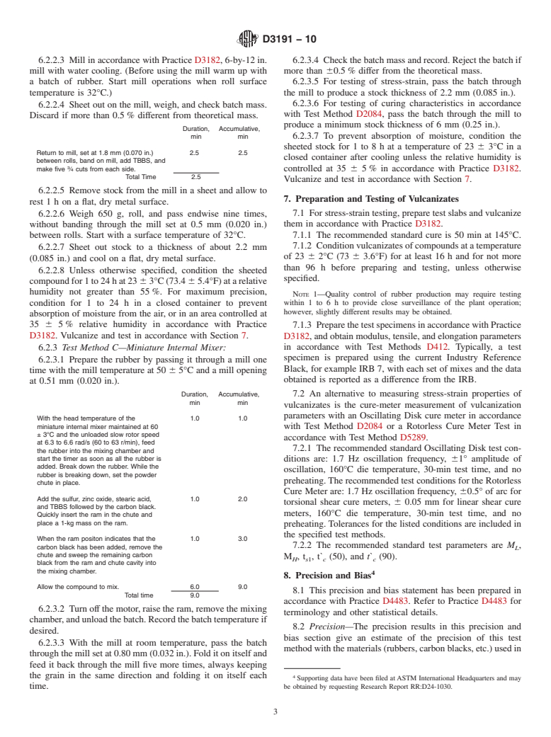 ASTM D3191-10 - Standard Test Methods for  Carbon Black in SBR (Styrene-Butadiene Rubber)<span class='unicode'>&#x2014;</span>Recipe and Evaluation Procedures