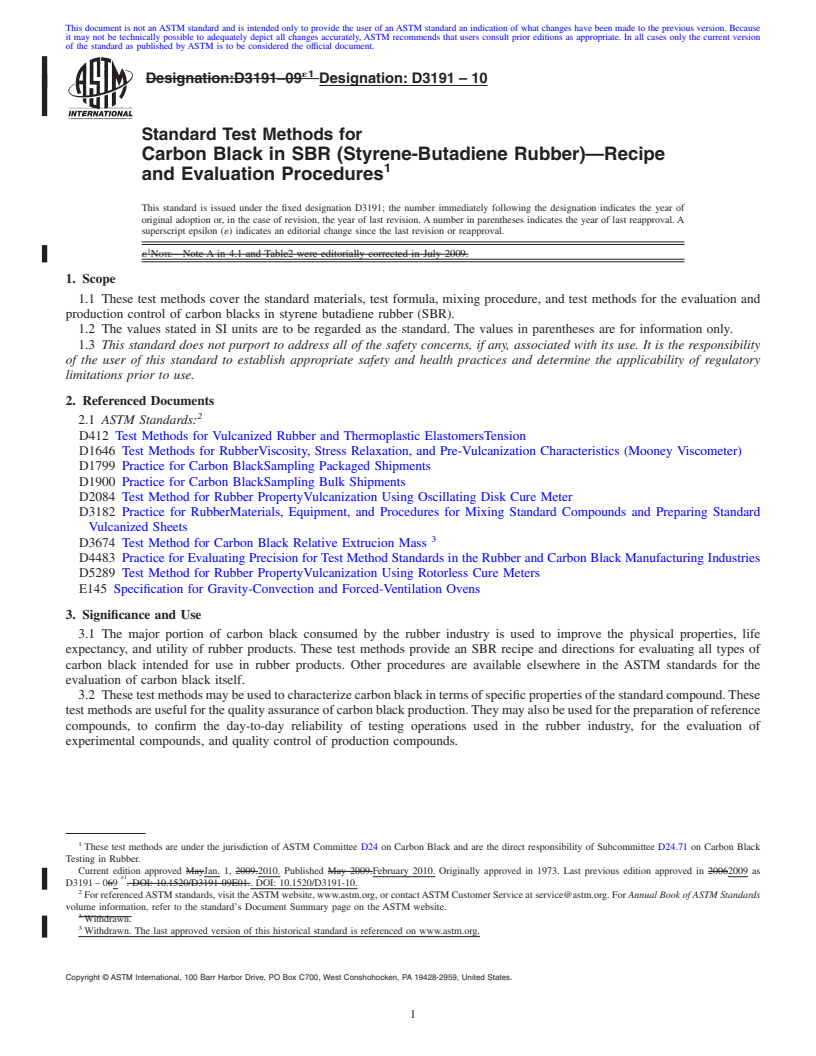 REDLINE ASTM D3191-10 - Standard Test Methods for  Carbon Black in SBR (Styrene-Butadiene Rubber)<span class='unicode'>&#x2014;</span>Recipe and Evaluation Procedures