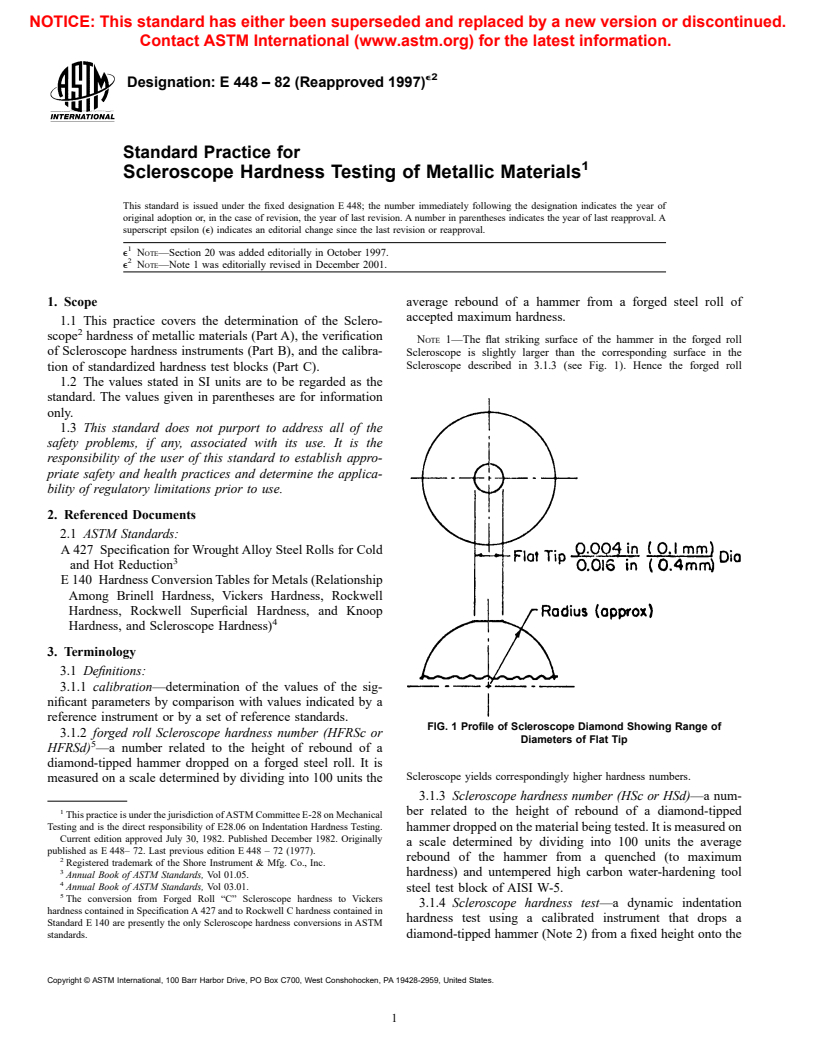 ASTM E448-82(1997)e2 - Standard Practice for Scleroscope Hardness Testing of Metallic Materials