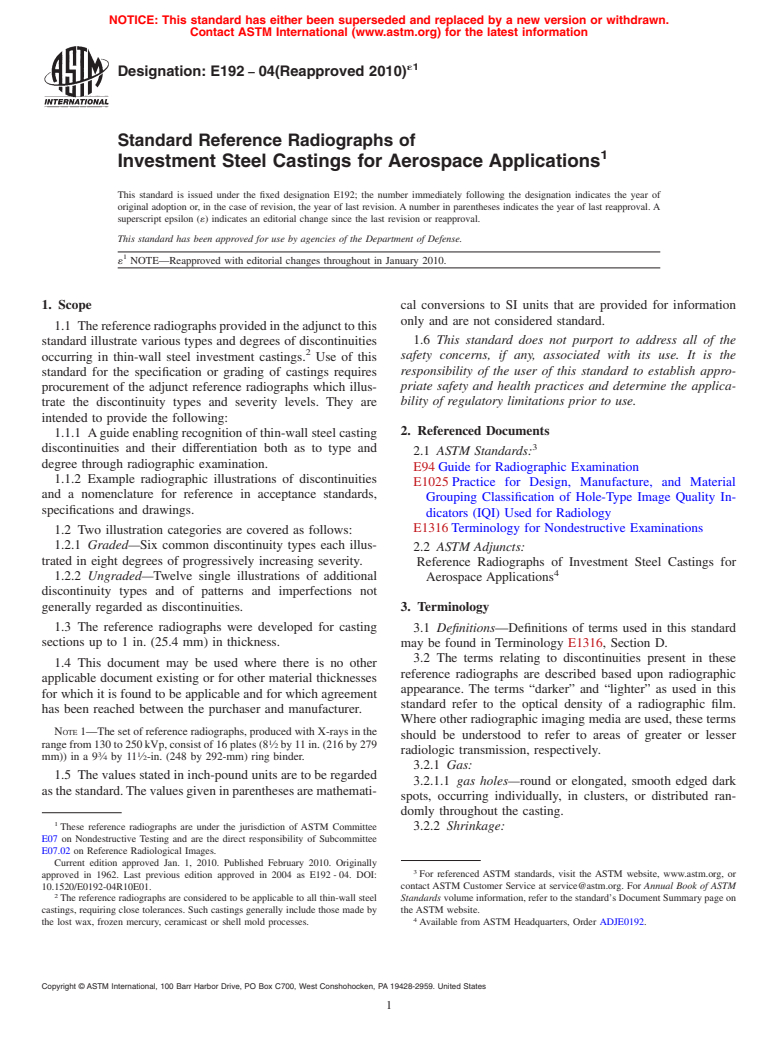 ASTM E192-04(2010)e1 - Standard Reference Radiographs of Investment Steel Castings of Aerospace Applications