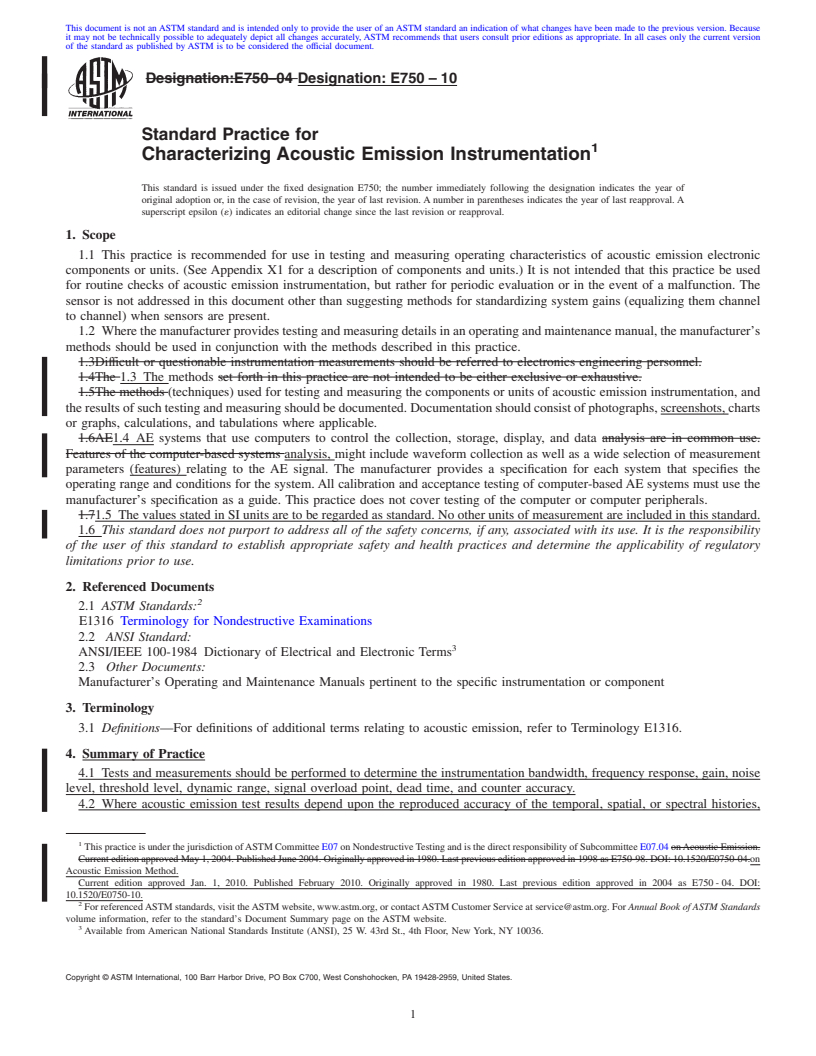 REDLINE ASTM E750-10 - Standard Practice for Characterizing Acoustic Emission Instrumentation