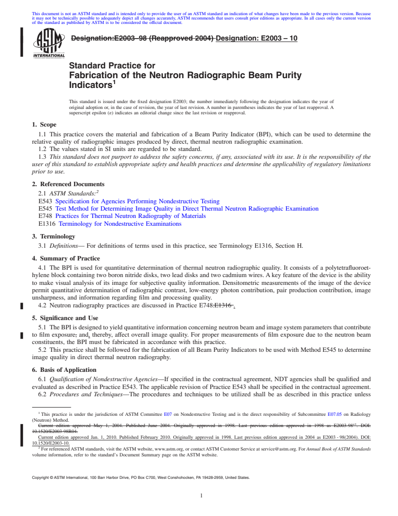 REDLINE ASTM E2003-10 - Standard Practice for Fabrication of the Neutron Radiographic Beam Purity Indicators