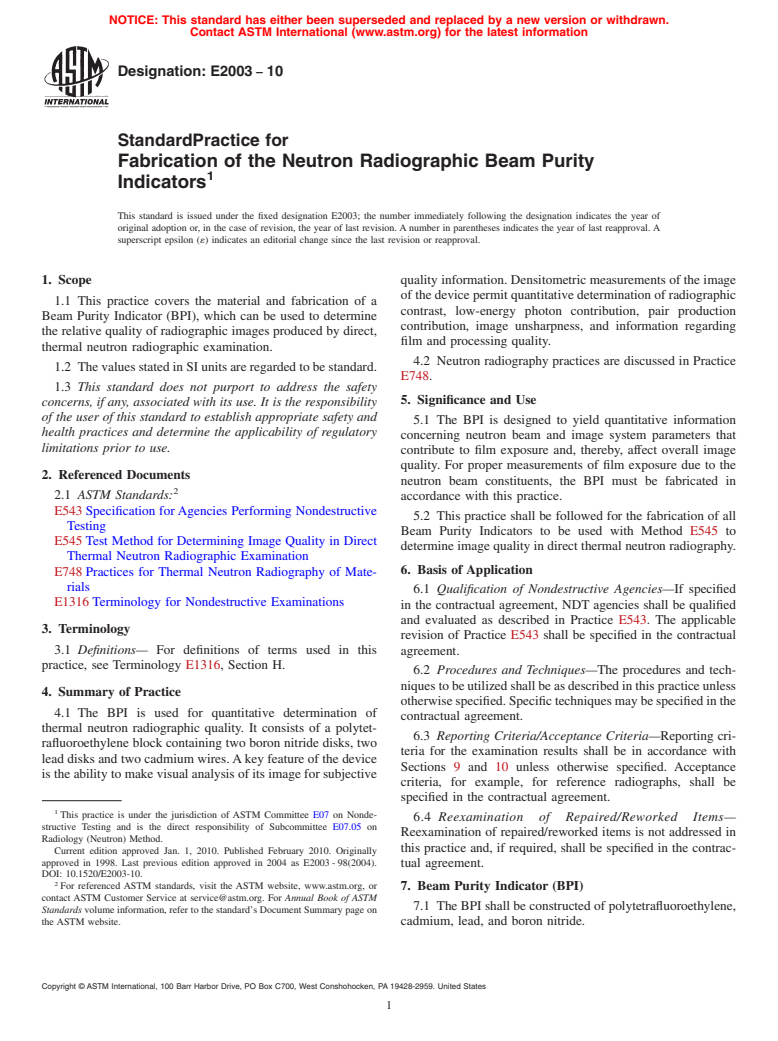 ASTM E2003-10 - Standard Practice for Fabrication of the Neutron Radiographic Beam Purity Indicators