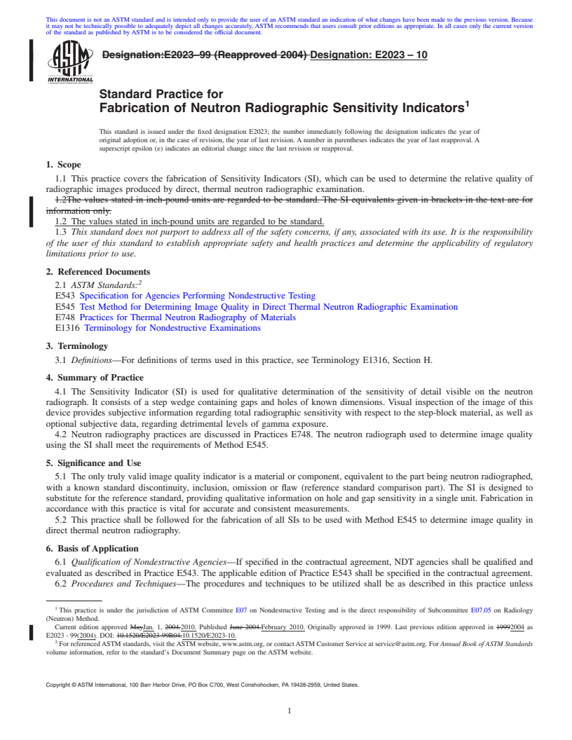 REDLINE ASTM E2023-10 - Standard Practice for Fabrication of Neutron Radiographic Sensitivity Indicators