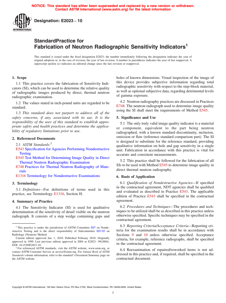 ASTM E2023-10 - Standard Practice for Fabrication of Neutron Radiographic Sensitivity Indicators