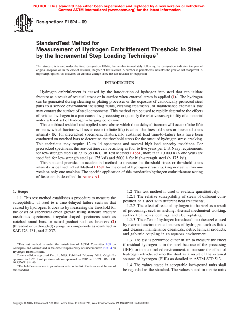 ASTM F1624-09 - Standard Test Method for Measurement of Hydrogen Embrittlement Threshold in Steel by the Incremental Step Loading Technique