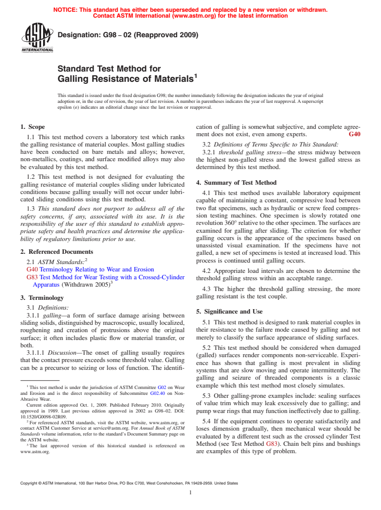 ASTM G98-02(2009) - Standard Test Method for Galling Resistance of Materials