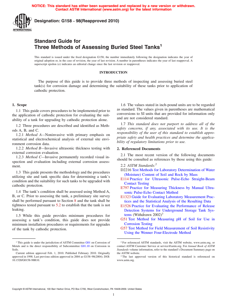 ASTM G158-98(2010) - Standard Guide for Three Methods of Assessing Buried Steel Tanks