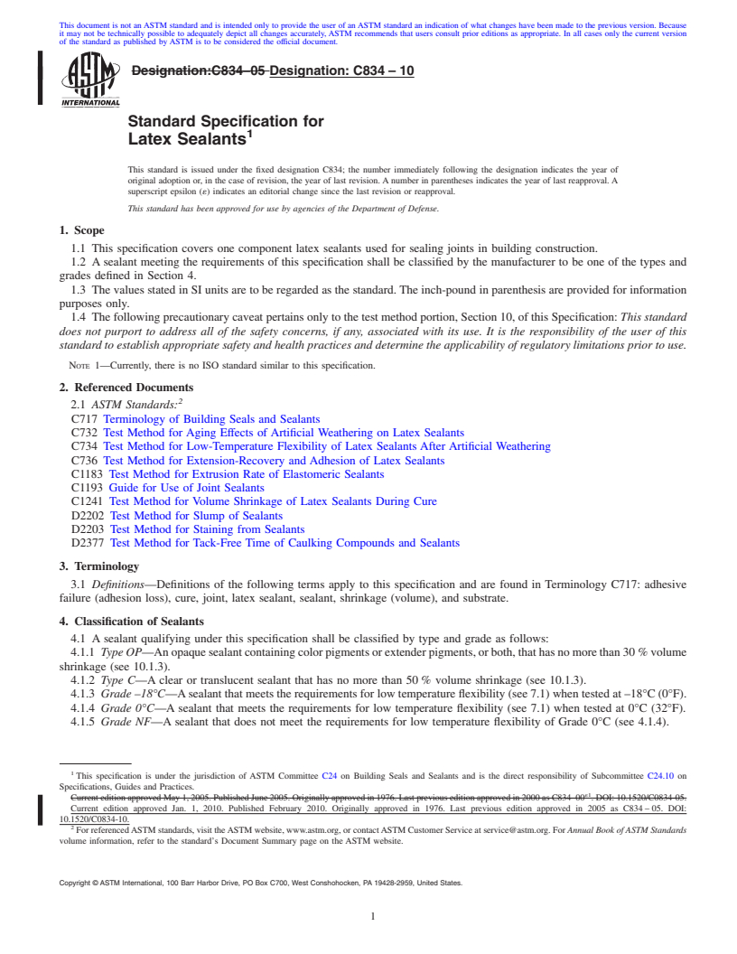 REDLINE ASTM C834-10 - Standard Specification for Latex Sealants