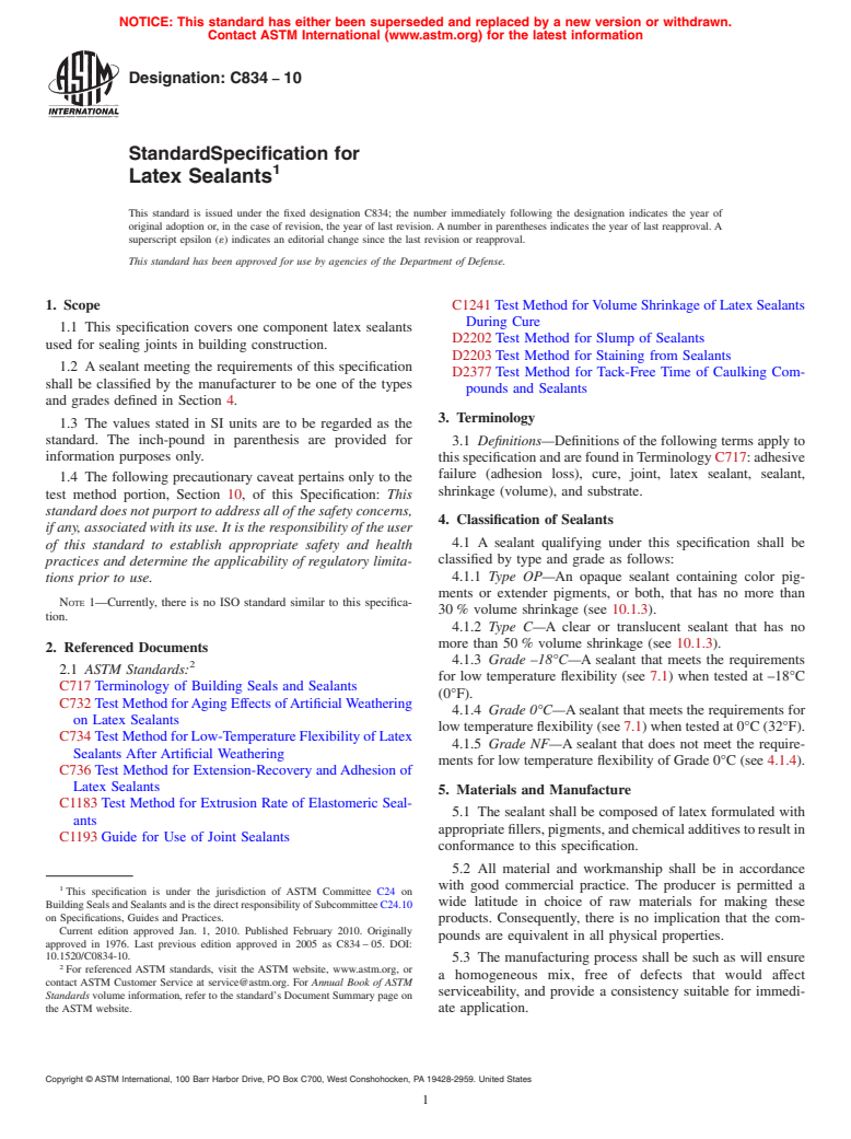 ASTM C834-10 - Standard Specification for Latex Sealants