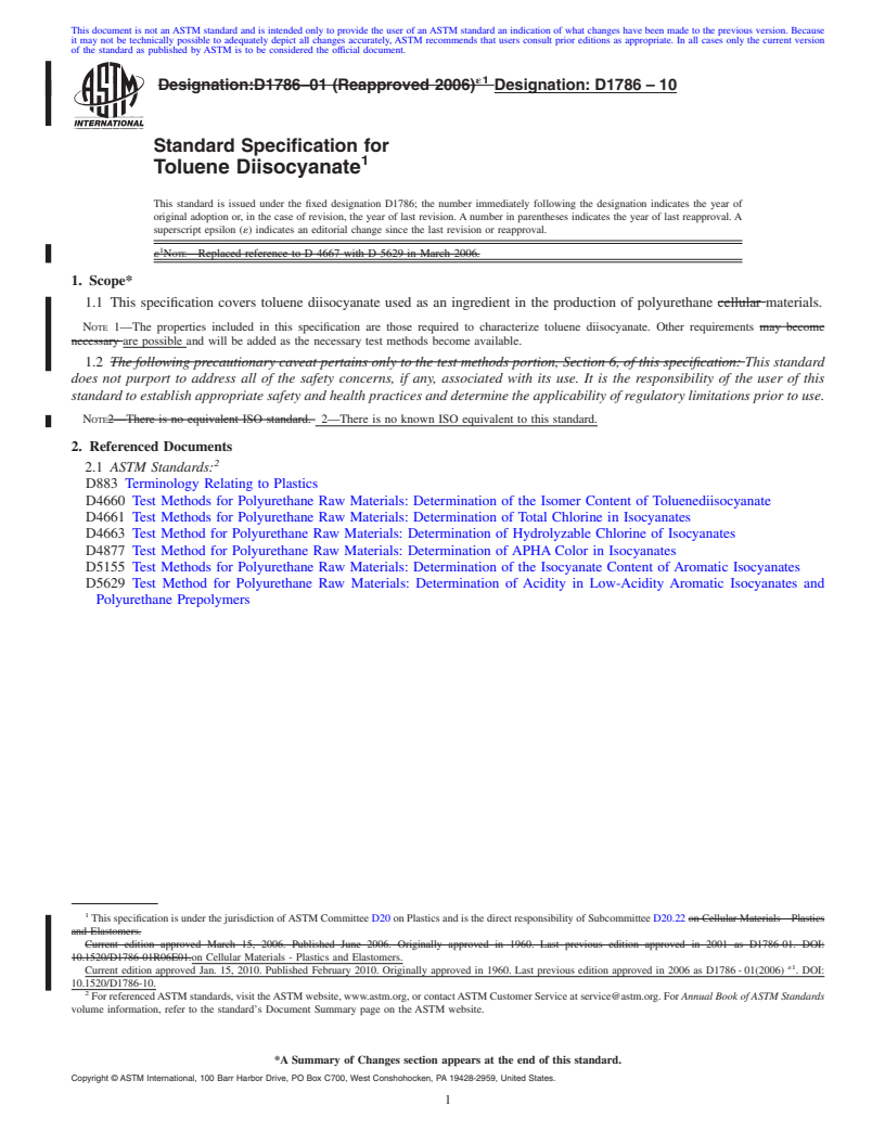 REDLINE ASTM D1786-10 - Standard Specification for Toluene Diisocyanate