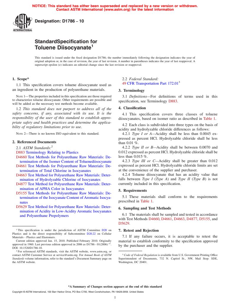 ASTM D1786-10 - Standard Specification for Toluene Diisocyanate