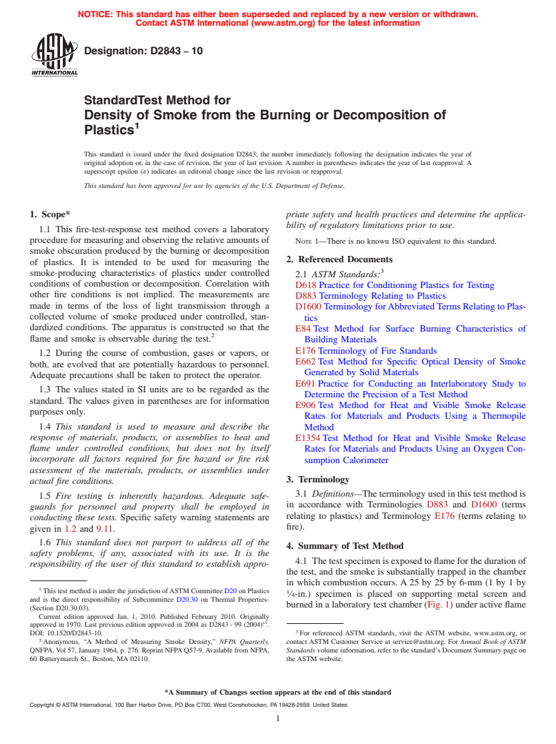 ASTM D2843-10 - Standard Test Method for Density of Smoke from the Burning or Decomposition of Plastics