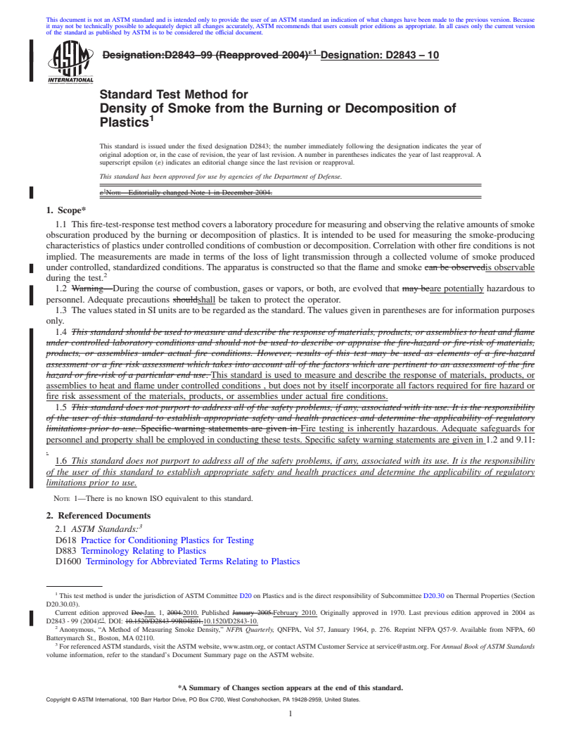 REDLINE ASTM D2843-10 - Standard Test Method for Density of Smoke from the Burning or Decomposition of Plastics