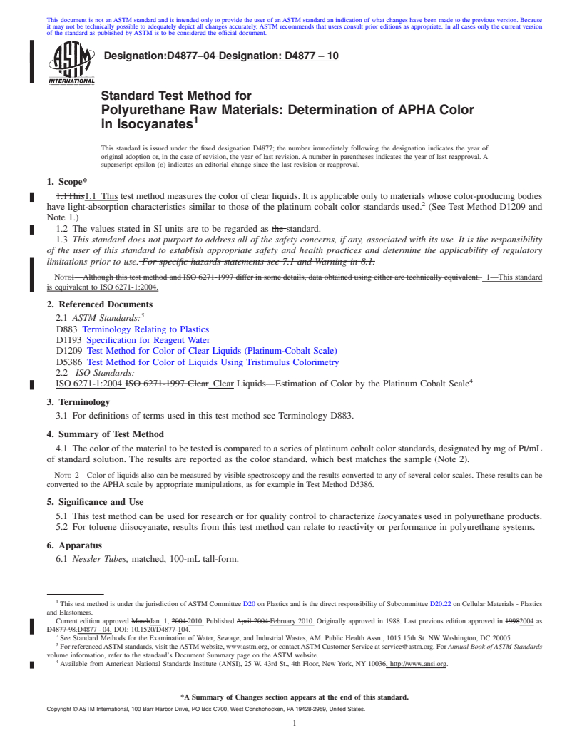 REDLINE ASTM D4877-10 - Standard Test Method for Polyurethane Raw Materials: Determination of APHA Color in Isocyanates