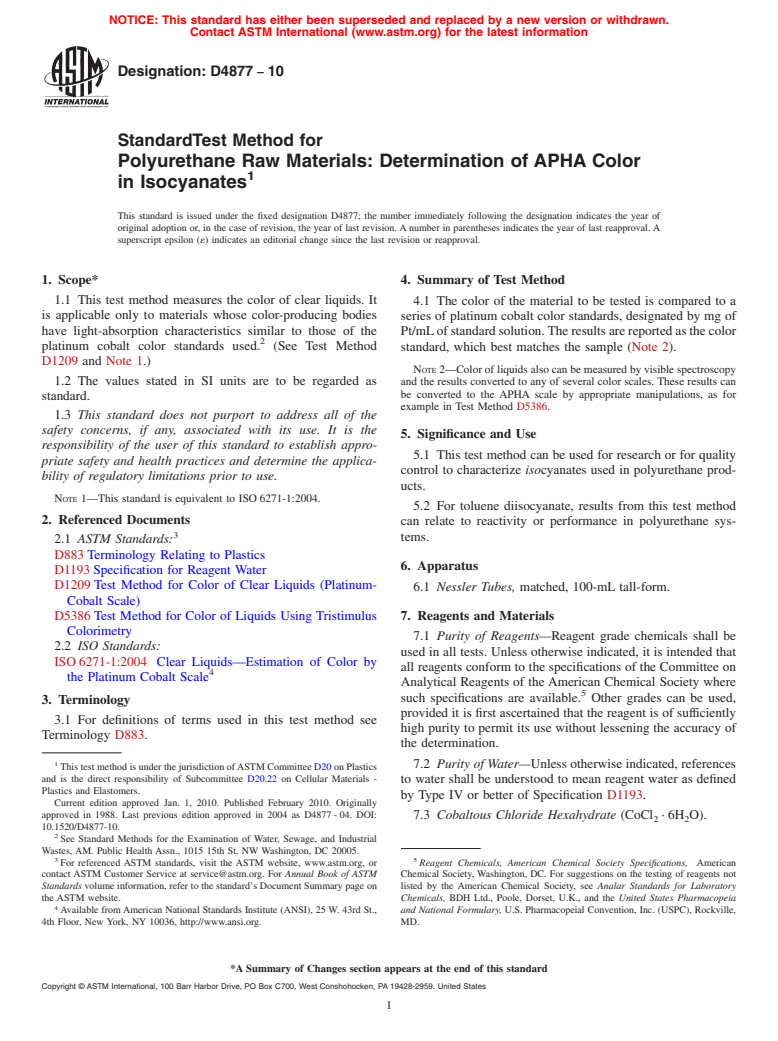 ASTM D4877-10 - Standard Test Method for Polyurethane Raw Materials: Determination of APHA Color in Isocyanates