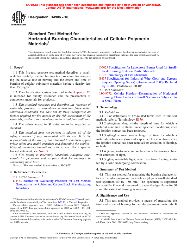 ASTM D4986-10 - Standard Test Method for Horizontal Burning Characteristics of Cellular Polymeric Materials