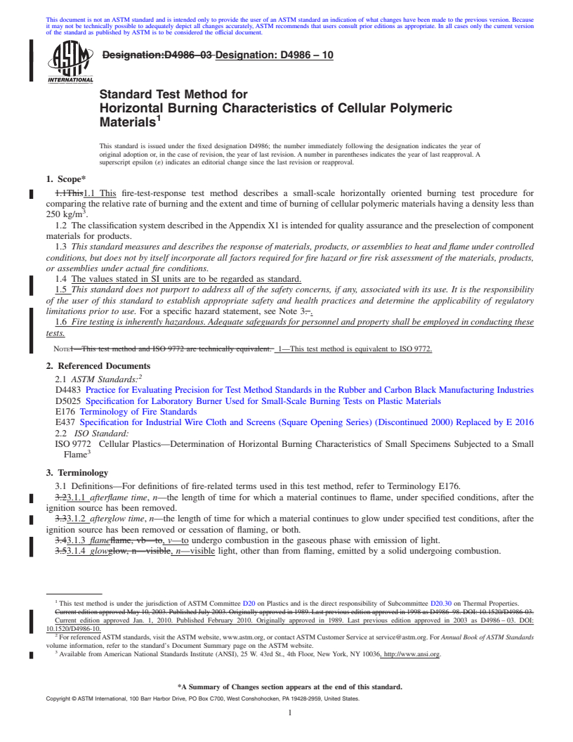 REDLINE ASTM D4986-10 - Standard Test Method for Horizontal Burning Characteristics of Cellular Polymeric Materials