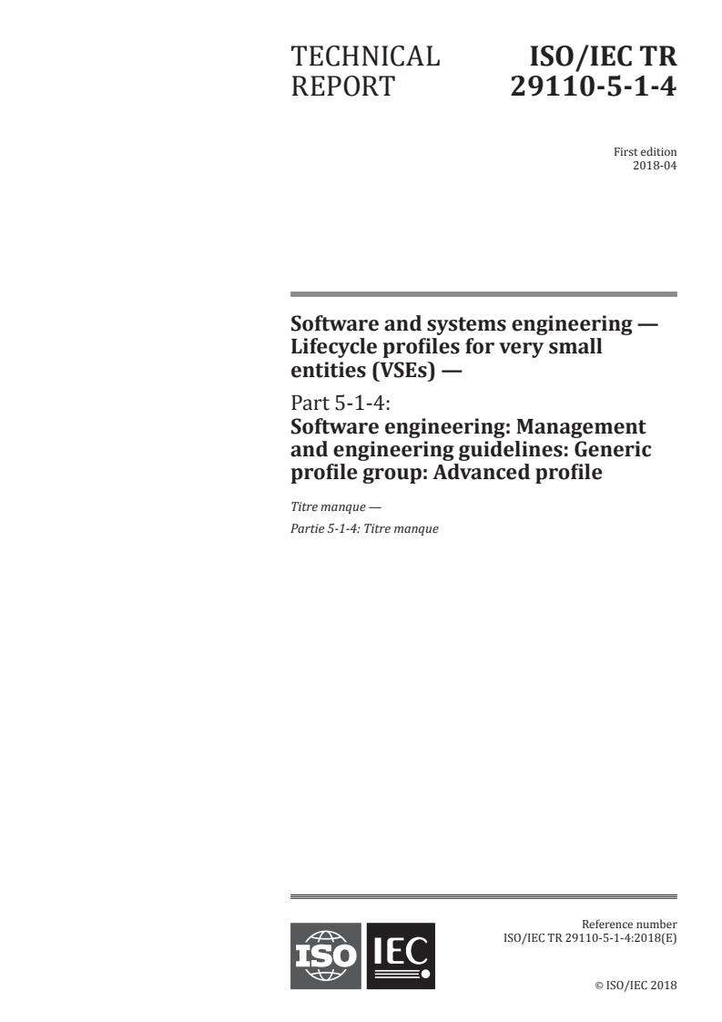 ISO/IEC TR 29110-5-1-4:2018 ISO/IEC TR 29110-5-1-4:2018 - Systems and software engineering — Lifecycle profiles for Very Small Entities (VSEs) — Part 5-1-4: Software engineering: Management and engineering guidelines: Generic profile group: Advanced profile
Released:4/27/2018