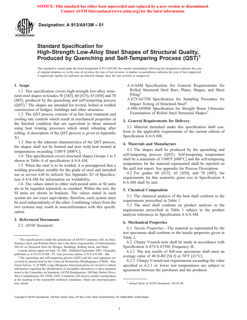 ASTM A913/A913M-01 - Standard Specification for High-Strength Low-Alloy Steel Shapes of Structural Quality, Produced by Quenching and Self-Tempering Process (QST)