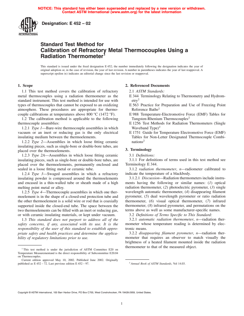 ASTM E452-02 - Standard Test Method for Calibration of Refractory Metal Thermocouples Using a Radiation Thermometer