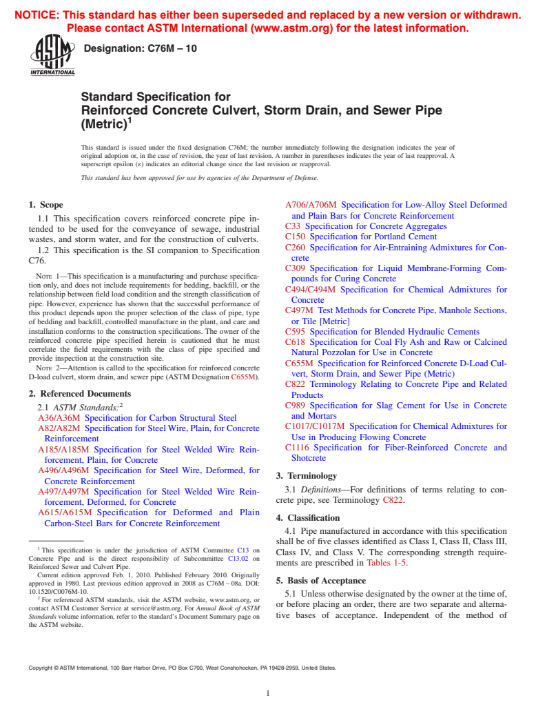 ASTM C76M-10 - Standard Specification for Reinforced Concrete Culvert, Storm Drain, and Sewer Pipe (Metric)