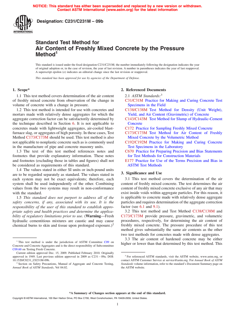 ASTM C231/C231M-09b - Standard Test Method for  Air Content of Freshly Mixed Concrete by the Pressure Method