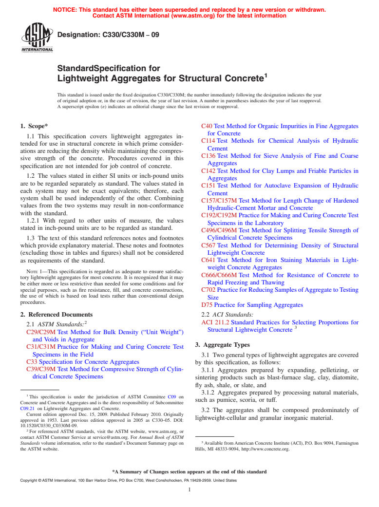 ASTM C330/C330M-09 - Standard Specification for Lightweight Aggregates for Structural Concrete