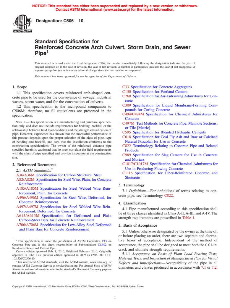 ASTM C506-10 - Standard Specification for  Reinforced Concrete Arch Culvert, Storm Drain, and Sewer Pipe