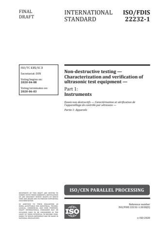 ISO/FDIS 22232-1 - Non-destructive testing -- Characterization and verification of ultrasonic test equipment