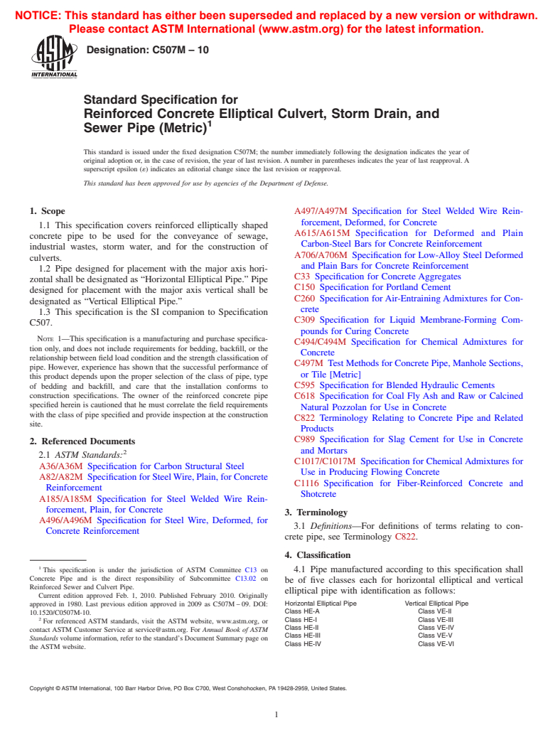 ASTM C507M-10 - Standard Specification for  Reinforced Concrete Elliptical Culvert, Storm Drain, and Sewer Pipe (Metric)