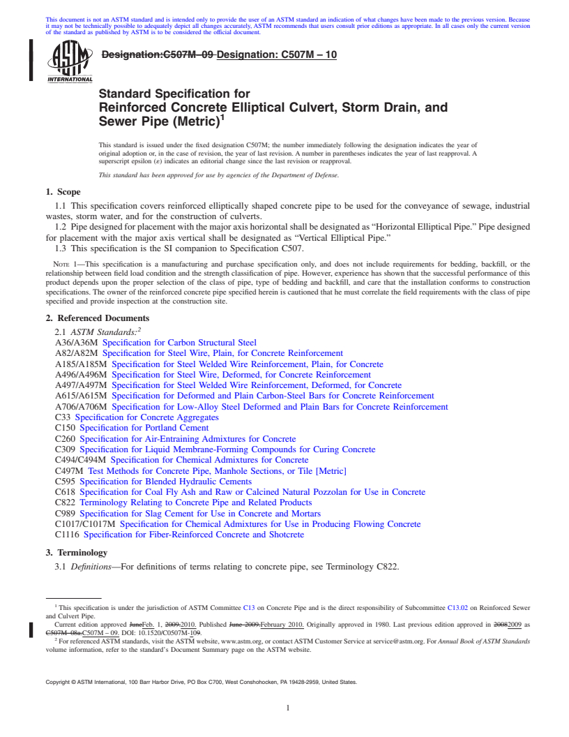 REDLINE ASTM C507M-10 - Standard Specification for  Reinforced Concrete Elliptical Culvert, Storm Drain, and Sewer Pipe (Metric)