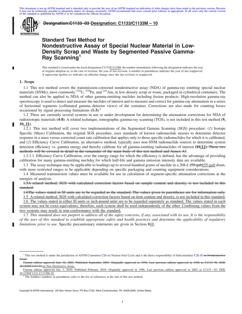 REDLINE ASTM C1133/C1133M-10 - Standard Test Method for Nondestructive Assay of Special Nuclear Material in Low Density Scrap and Waste by Segmented Passive Gamma-Ray Scanning