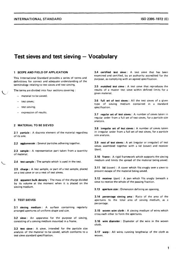 ISO 2395:1972 - Test sieves and test sieving -- Vocabulary