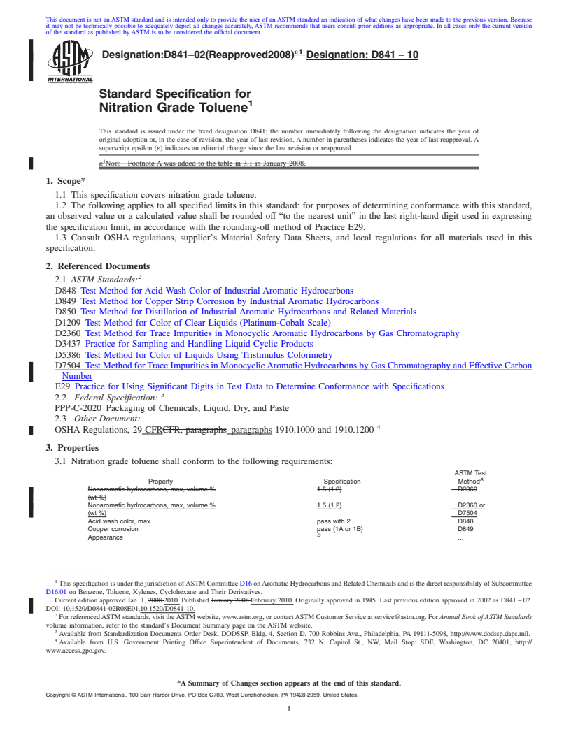 REDLINE ASTM D841-10 - Standard Specification for Nitration Grade Toluene