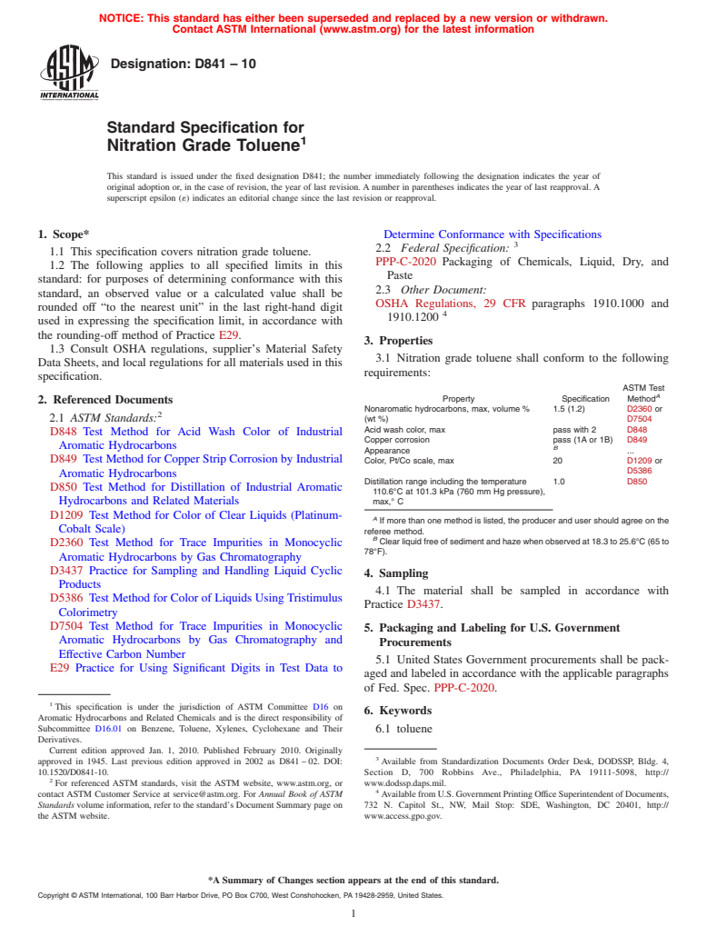 ASTM D841-10 - Standard Specification for Nitration Grade Toluene