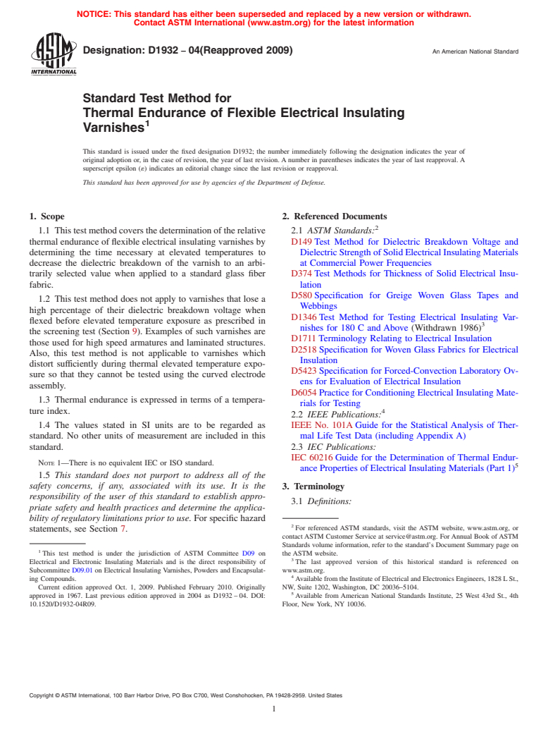 ASTM D1932-04(2009) - Standard Test Method for Thermal Endurance of Flexible Electrical Insulating Varnishes