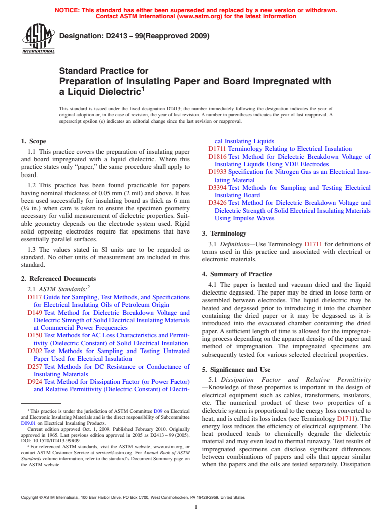 ASTM D2413-99(2009) - Standard Practice for Preparation of Insulating Paper and Board Impregnated with a Liquid Dielectric