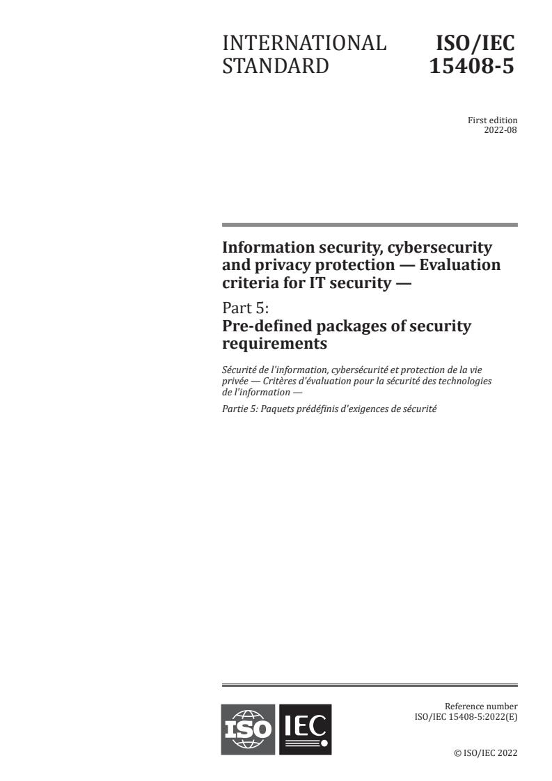 ISO/IEC 15408-5:2022 - Information security, cybersecurity and privacy protection — Evaluation criteria for IT security — Part 5: Pre-defined packages of security requirements
Released:9. 08. 2022