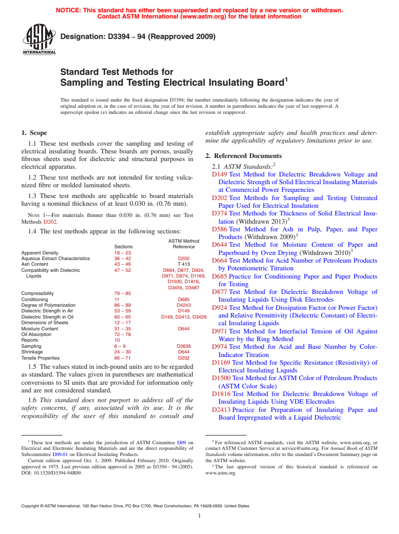 ASTM D3394-94(2009) - Standard Test Methods for Sampling and Testing Electrical Insulating Board