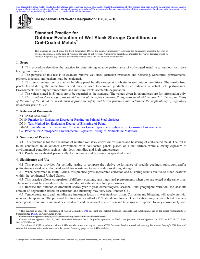 REDLINE ASTM D7376-10 - Standard Practice for Outdoor Evaluation of Wet Stack Storage Conditions on Coil-Coated Metals