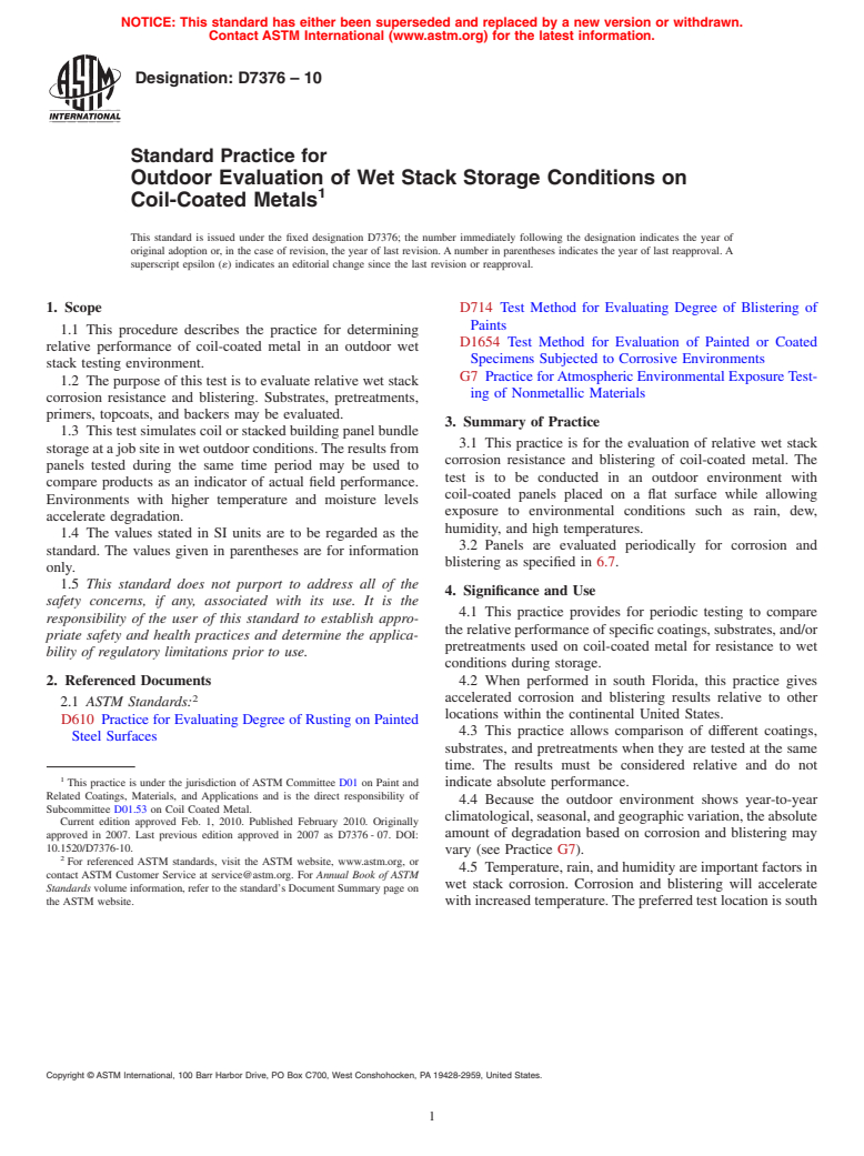 ASTM D7376-10 - Standard Practice for Outdoor Evaluation of Wet Stack Storage Conditions on Coil-Coated Metals