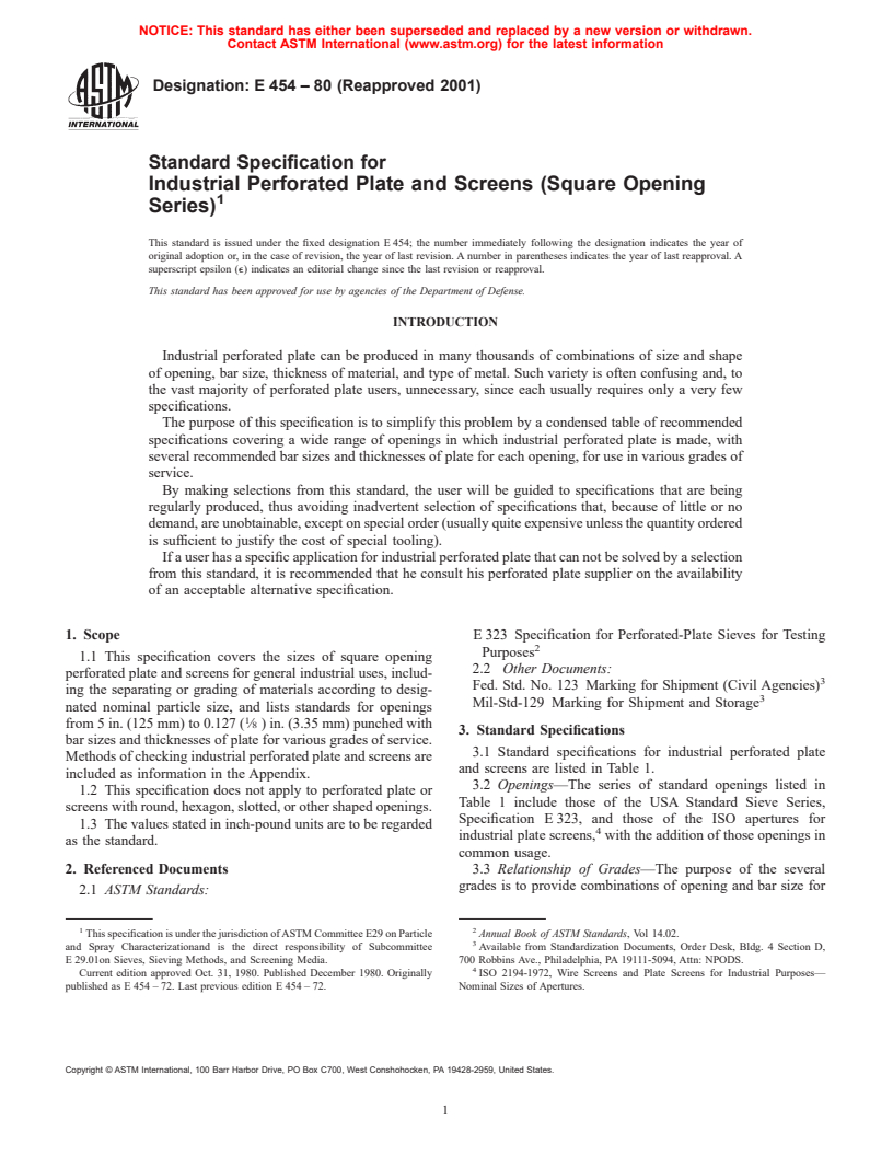 ASTM E454-80(2001) - Standard Specification for Industrial Perforated Plate and Screens (Square Opening Series)