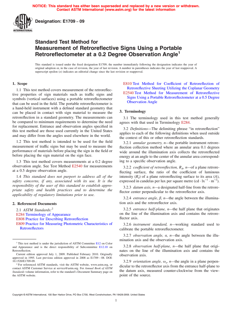 ASTM E1709-09 - Standard Test Method for Measurement of Retroreflective Signs Using a Portable Retroreflectometer at a 0.2 Degree Observation Angle