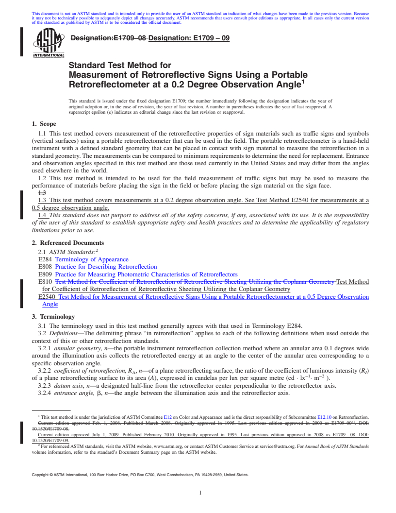 REDLINE ASTM E1709-09 - Standard Test Method for Measurement of Retroreflective Signs Using a Portable Retroreflectometer at a 0.2 Degree Observation Angle