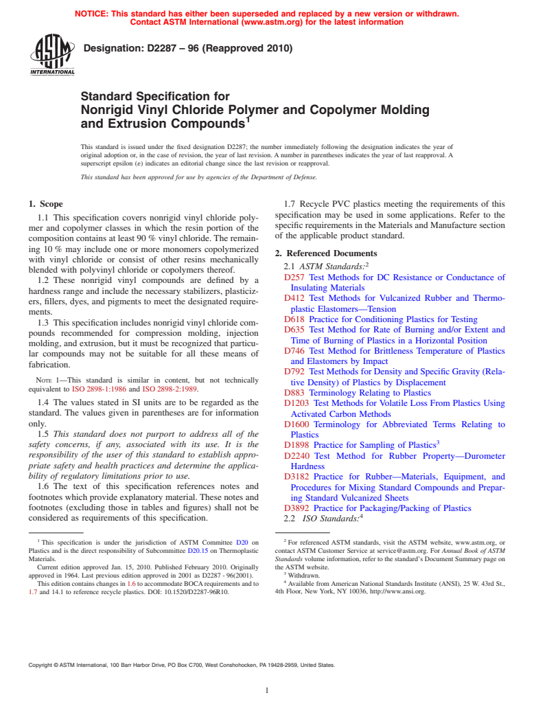 ASTM D2287-96(2010) - Standard Specification for Nonrigid Vinyl Chloride Polymer and Copolymer Molding and Extrusion Compounds