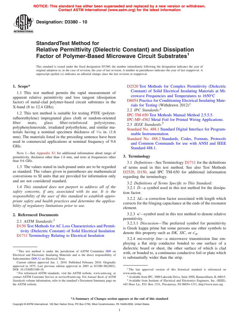 ASTM D3380-10 - Standard Test Method for Relative Permittivity (Dielectric Constant) and Dissipation Factor of Polymer-Based Microwave Circuit Substrates