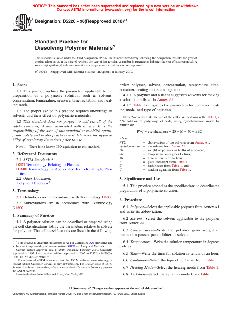 ASTM D5226-98(2010)e1 - Standard Practice for Dissolving Polymer Materials