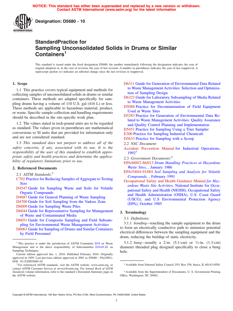 ASTM D5680-10 - Standard Practice for Sampling Unconsolidated Solids in Drums or Similar Containers